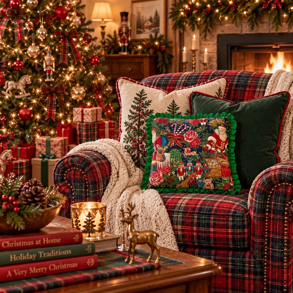 Vintage Christmas Nutcracker Santa Ruffled Throw Pillow Navy Green 15x15